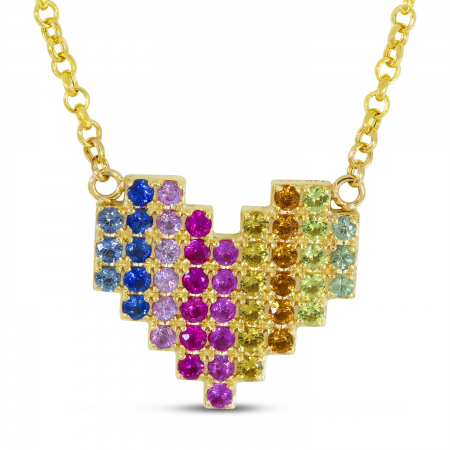 14K Yellow Gold Rainbow Sapphire Digital Heart Necklace