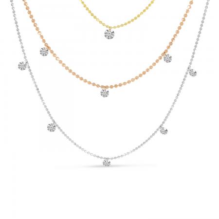 14K Tri Color Gold Triple Chain Dashing Diamonds Necklace