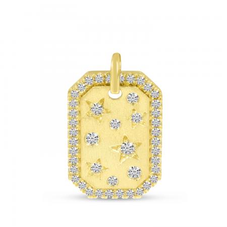 14K Yellow Gold Diamond Halo Stars Brushed Gold Pendant