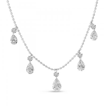 14K White Gold Dashing Diamond Round and Pear Shape Diamonds Necklace on Bead Chain