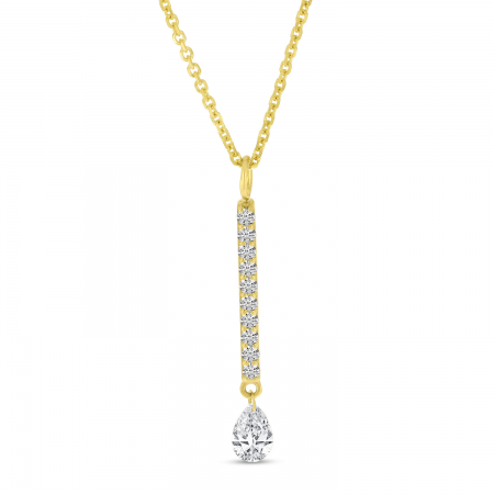 14K Yellow Gold Dashing Diamond Bar with Pear Dangle Diamond Cable Chain Necklace