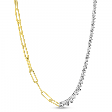 14K Two Tone White Gold 3.70 ct Graduated Diamond and Yellow Gold Paperclip Necklace