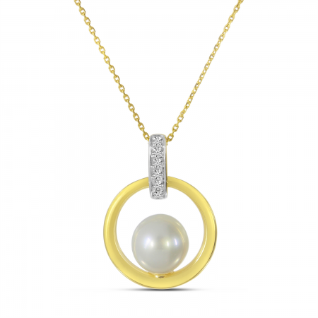 14K Yellow Gold Pearl and Diamond Frontal Hoop Pendant 