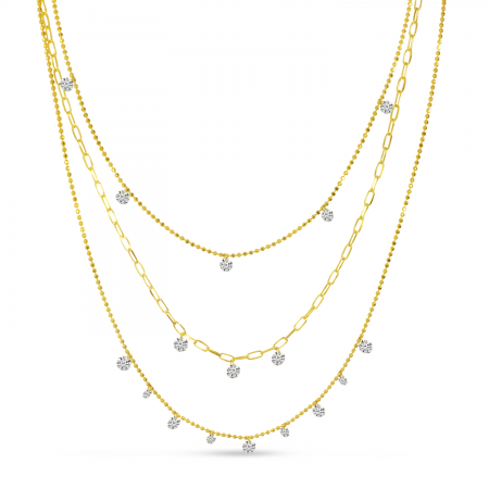 14K Yellow Gold Pierced Triple Diamond Triple Necklace
