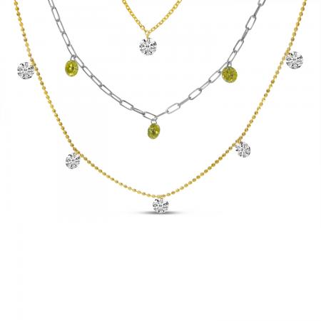 14K Yellow Gold Triple Strand Dashing Diamonds Multi-Chain Necklace