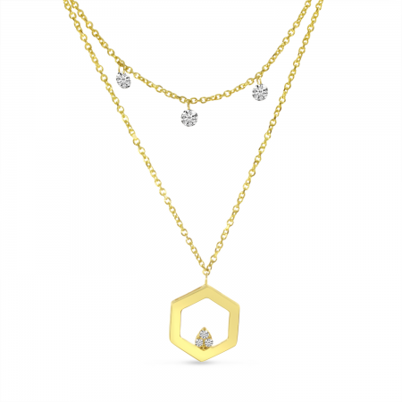 14K Yellow Gold Dashing Diamond Hexagon Double Layer Necklace