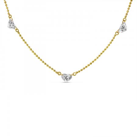 14K Yellow Gold Dashing Diamond Triple Heart .95 Ct Diamond Bead Chain Necklace