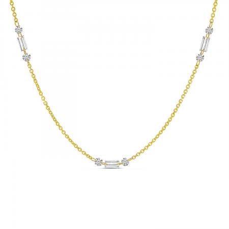 14K Yellow Gold Dashing Diamond Baguette and Round Diamond 3 Station Necklace