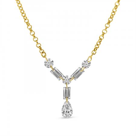 14K Yellow Gold Dashing Diamond Round, Baguette and Pear Diamond Y Necklace