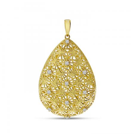 14K Yellow gold Diamond Lightweight Filigree Pear Pendant