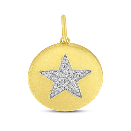 14K Yellow Gold Diamond Brushed Star Disc Pendant