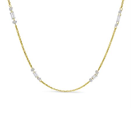 14K Yellow Gold Dashing Diamond Baguette and Round Diamond 4 Station Necklace