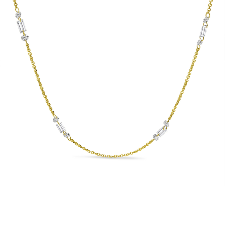 14K Yellow Gold Dashing Diamond Baguette and Round Diamond 4 Station Necklace
