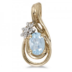 14k Yellow Gold Oval Aquamarine And Diamond Teardrop Pendant