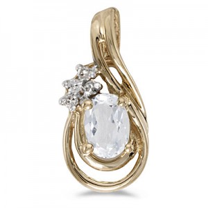 14k Yellow Gold Oval White Topaz And Diamond Teardrop Pendant