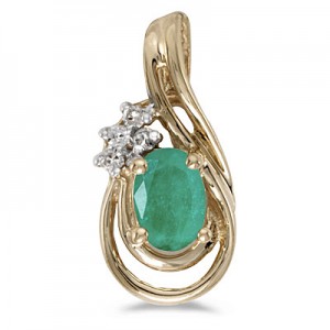 14k Yellow Gold Oval Emerald And Diamond Teardrop Pendant