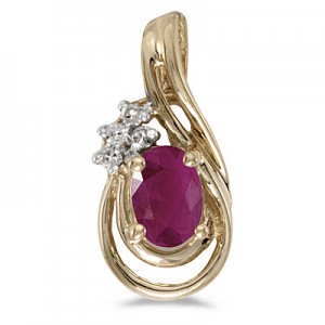 14k Yellow Gold Oval Ruby And Diamond Teardrop Pendant