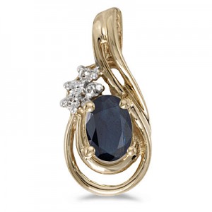 14k Yellow Gold Oval Sapphire And Diamond Teardrop Pendant