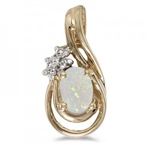 14k Yellow Gold Oval Opal And Diamond Teardrop Pendant