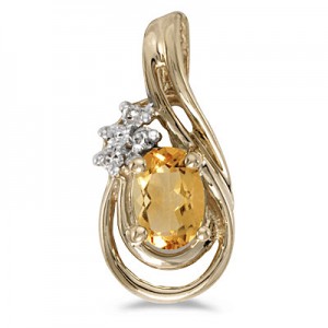 14k Yellow Gold Oval Citrine And Diamond Teardrop Pendant