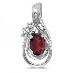 14k White Gold Oval Garnet And Diamond Teardrop Pendant