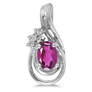 14k White Gold Oval Pink Topaz And Diamond Teardrop Pendant