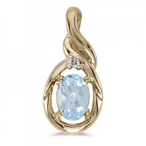 14k Yellow Gold Oval Aquamarine And Diamond Pendant