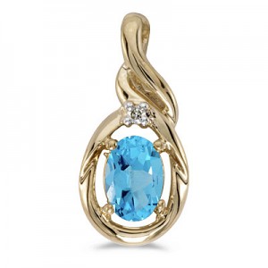 14k Yellow Gold Oval Blue Topaz And Diamond Pendant