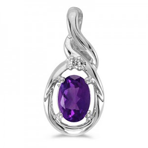 14k White Gold Oval Amethyst And Diamond Pendant