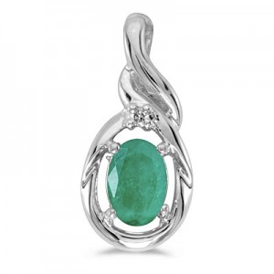 14k White Gold Oval Emerald And Diamond Pendant