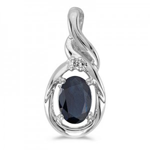 14k White Gold Oval Sapphire And Diamond Pendant