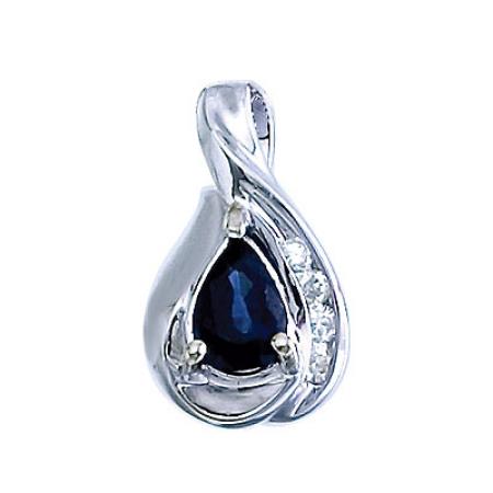 14K White Gold Pear Sapphire and Diamond Pendant