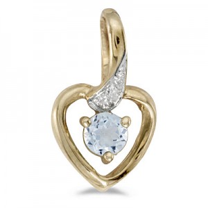 10k Yellow Gold Round Aquamarine And Diamond Heart Pendant