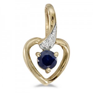 10k Yellow Gold Round Sapphire And Diamond Heart Pendant