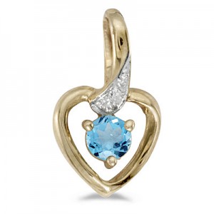 10k Yellow Gold Round Blue Topaz And Diamond Heart Pendant