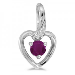 10k White Gold Round Ruby And Diamond Heart Pendant