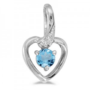 10k White Gold Round Blue Topaz And Diamond Heart Pendant