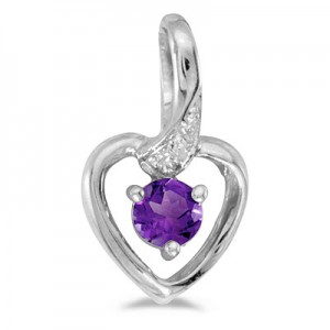 14k White Gold Round Amethyst And Diamond Heart Pendant