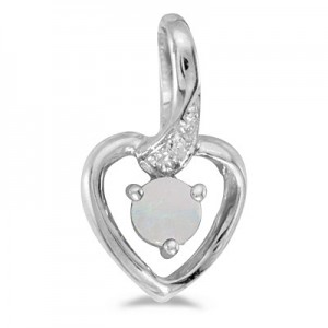 14k White Gold Round Opal And Diamond Heart Pendant