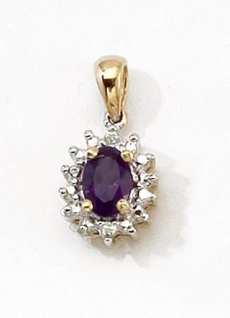 10K Yellow Gold Oval Amethyst and Diamond Halo Birthstone Pendant