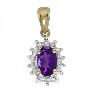 14k Yellow Gold Oval Amethyst And Diamond Pendant