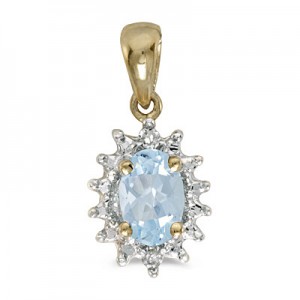 14k Yellow Gold Oval Aquamarine And Diamond Pendant