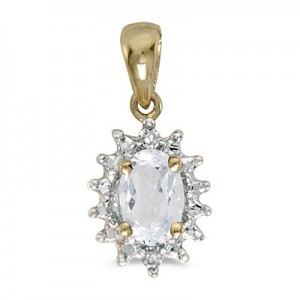 14k Yellow Gold Oval White Topaz And Diamond Pendant