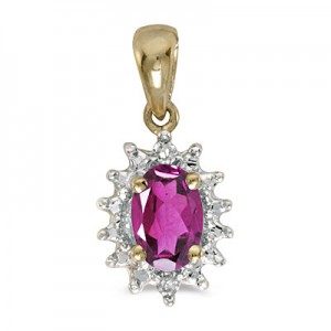 14k Yellow Gold Oval Pink Topaz And Diamond Pendant