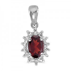 14k White Gold Oval Garnet And Diamond Pendant