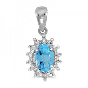 14k White Gold Oval Blue Topaz And Diamond Pendant