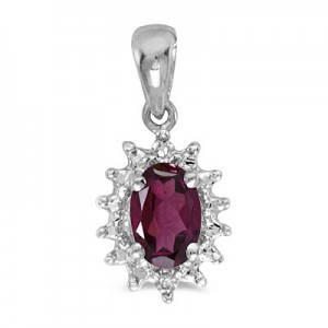 14k White Gold Oval Rhodolite Garnet And Diamond Pendant