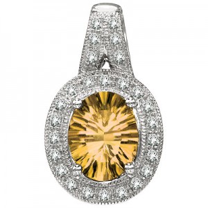 14K White Gold 10x8 Oval Citrine and Diamond Pendant