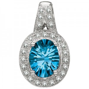 14K White Gold 10x8 Oval Blue Topaz and Diamond Pendant