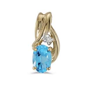 14k Yellow Gold Oval Blue Topaz And Diamond Pendant